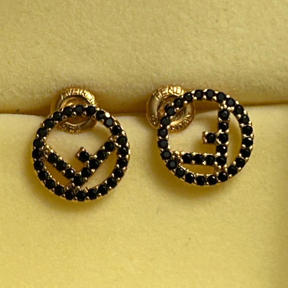 Fendi F Black Crystals Gold Tone Metal Stud Earrings